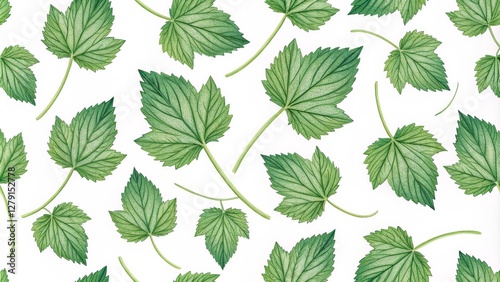 Watercolor Hop Leaves Pattern Botanical Illustration, Seamless Design, Green Foliage, Nature, White Background Hop, Botanical Illustration