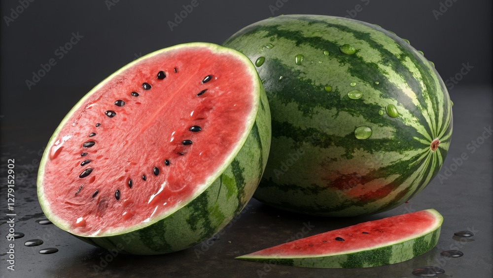 Watermelon Still Life Half, Whole and Slice, 3D Render, Juicy Summer Fruit, Water Droplets Watermelon, 3D Render Watermelon Still Life Half, Whole and Slice, 3D Render, Juicy Summer Fruit, Water Droplets Watermelon, 3D Render