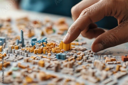 A hand points to a detailed 3D city model, highlighting urban structures in various colors, emphasizing architectural planning and development.
