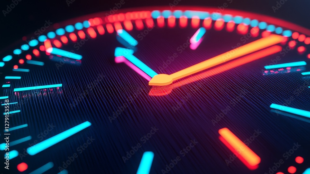 A close-up of a digital clock face featuring vibrant neon colors, showcasing the time with bright hour and minute hands. A close-up of a digital clock face featuring vibrant neon colors, showcasing the time with bright hour and minute hands.