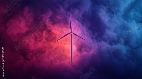 A vibrant wind turbine silhouette emerges from a colorful, smoky backdrop of pink and blue hues, symbolizing renewable energy and innovation.