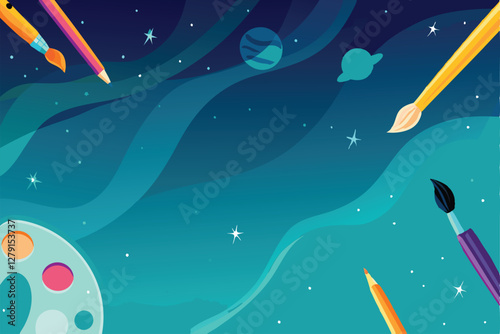 Vibrant, creative tools – paintbrushes, pencils, palettes – float weightlessly in a bright, zero-gravity environment.  Surreal, imaginative scene.