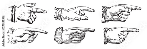 Set of engravings of pointing fingers. Hands pointing symbols.