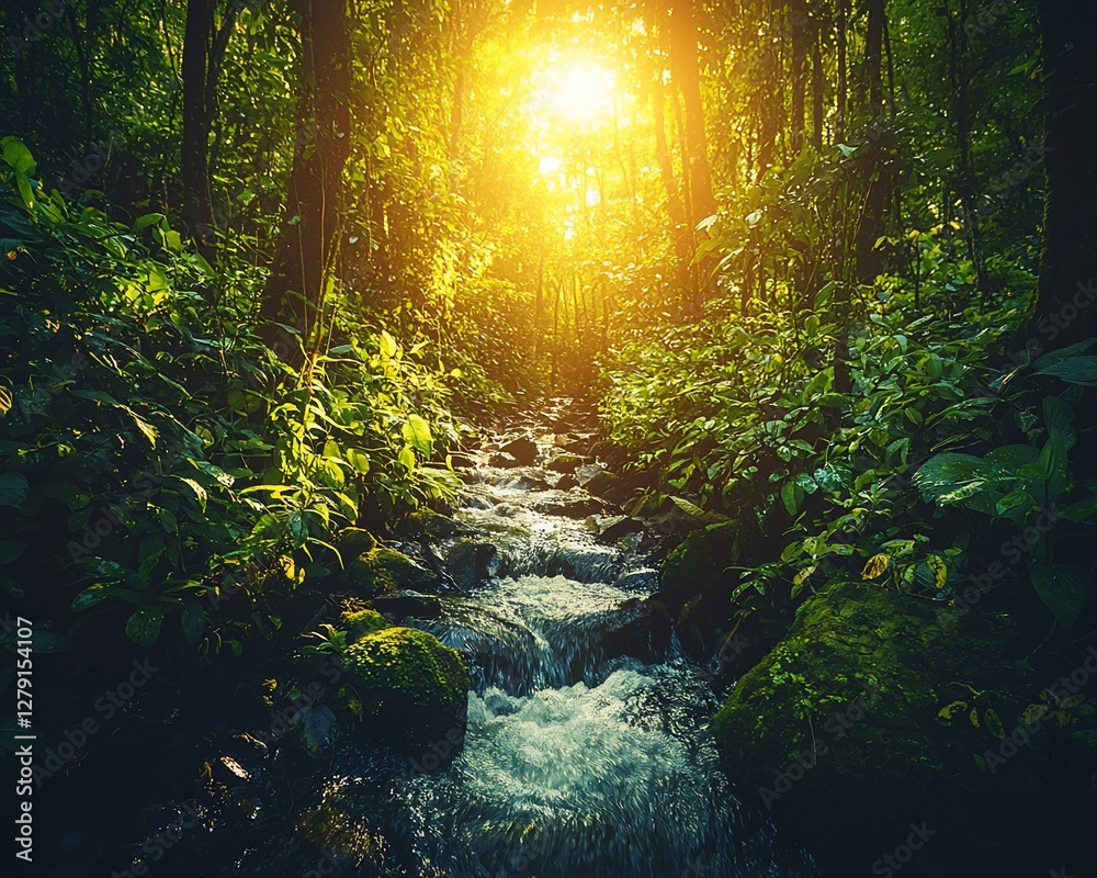 Obraz premium Sunlit stream flows through lush green rainforest.