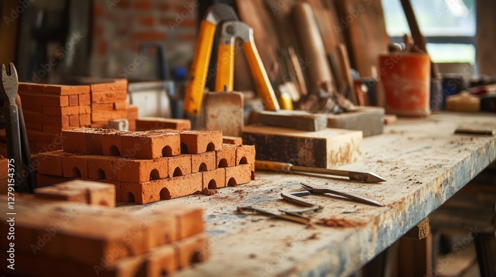 Construction tools and bricks on a workbench. Construction tools and bricks on a workbench.