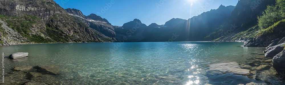 A serene lake with crystal-clear water, surrounded by towering cliffs, captured in a stunning landscape photograph. A serene lake with crystal-clear water, surrounded by towering cliffs, captured in a stunning landscape photograph.