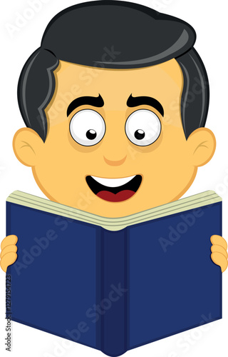 vector illustration yellow emoji character male, holding, reading and studying book