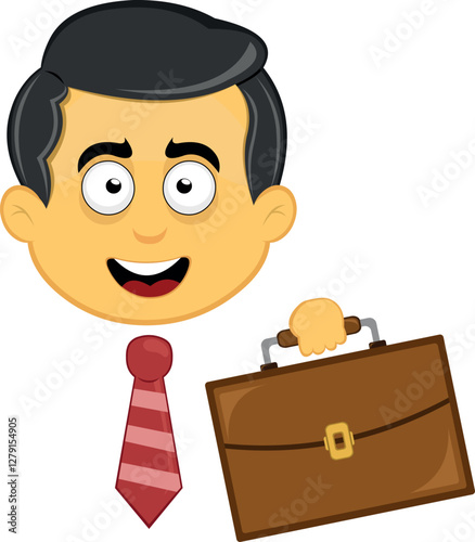 vector illustration yellow emoji character male, with a neck tie and office briefcase, as an employee or worker