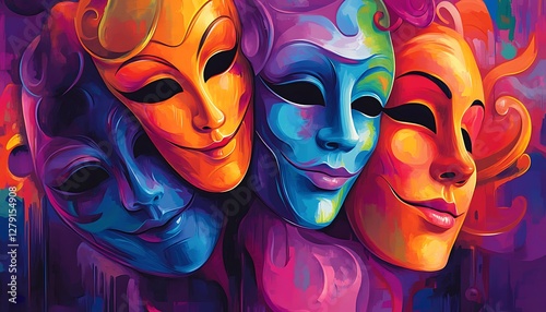 Wallpaper Mural there are three different colored masks with different faces on them Torontodigital.ca