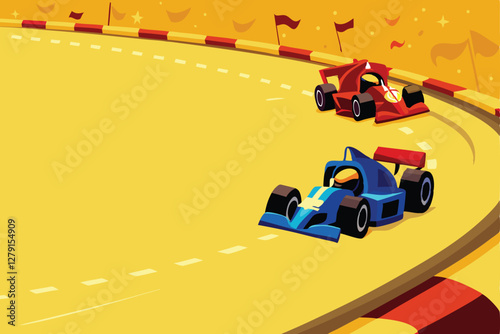 Whimsical cartoon race cars, vibrant colors, speeding around a sharp, winding track, dynamic action poses, comedic expressions.
