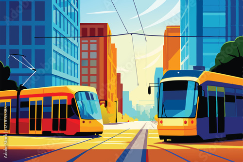 A vibrant city scene showcasing colorful public transportation; trams and buses traversing bustling streets.