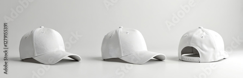 Set of white trucker caps mockup. Blank empty hats template collection. Various angles isolated. Baseball headwear design. Sport clothing cotton canvas uniform advertise front object side views.