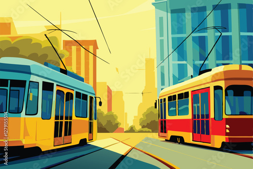 Vibrant city scene showcasing diverse colorful public transport; buses and trams traversing bustling streets.
