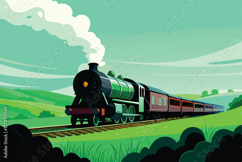 A majestic classic steam train billowing thick white smoke, traversing a picturesque countryside landscape.