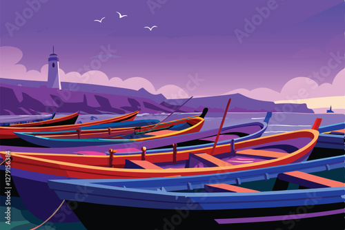 Vibrant fishing boats, diverse colors, bobbing gently in a picturesque harbor, a majestic lighthouse standing tall nearby.