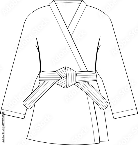 Martial arts kimono jacket. Karate, taekwondo, judo, jujitsu, kickboxing, or kung fu suit. Vector black and white coloring page.