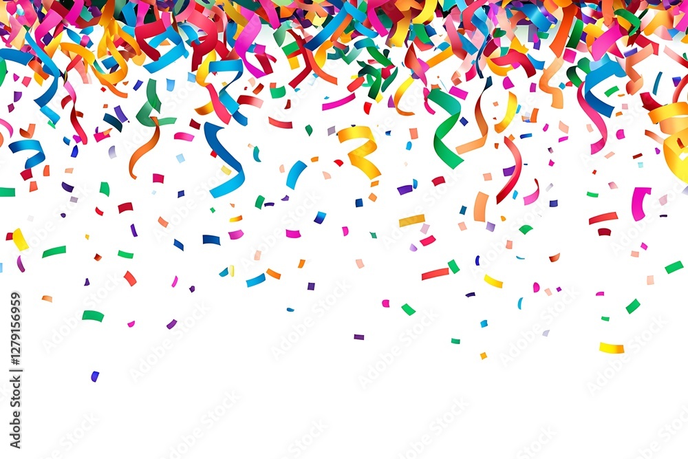 Fototapeta premium Colorful confetti and streamers falling against a white background, perfect for celebrations.