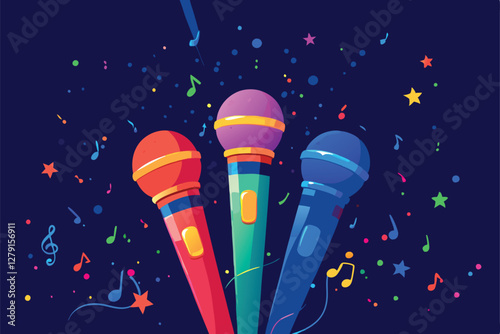 Vibrant, colorful karaoke microphones encircled by musical notes, instruments, and other music-themed elements.  A joyful, celebratory scene.