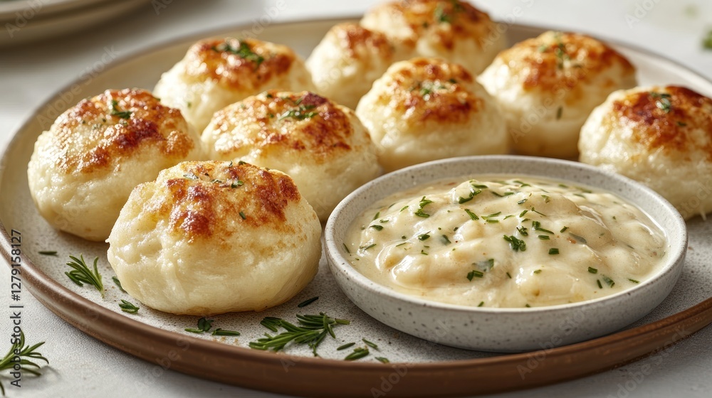 Baked cheesy bites with creamy sauce on plate Baked cheesy bites with creamy sauce on plate
