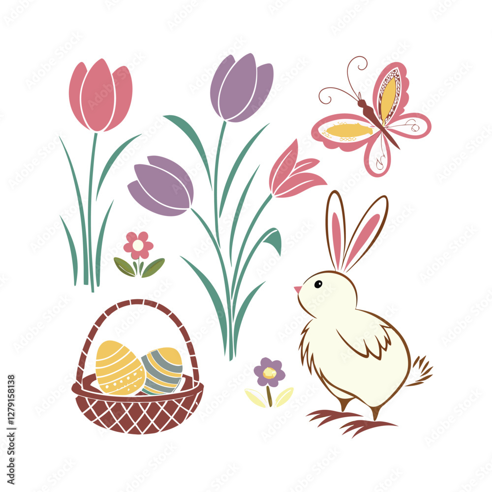 Set of Easter design elements. Eggs, chicken, butterfly, rabbit, tulips vector art and illustration Set of Easter design elements. Eggs, chicken, butterfly, rabbit, tulips vector art and illustration