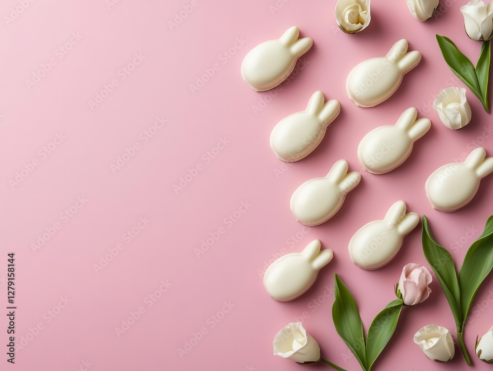 Handmade white chocolate bunnies with delicate floral patterns Handmade white chocolate bunnies with delicate floral patterns