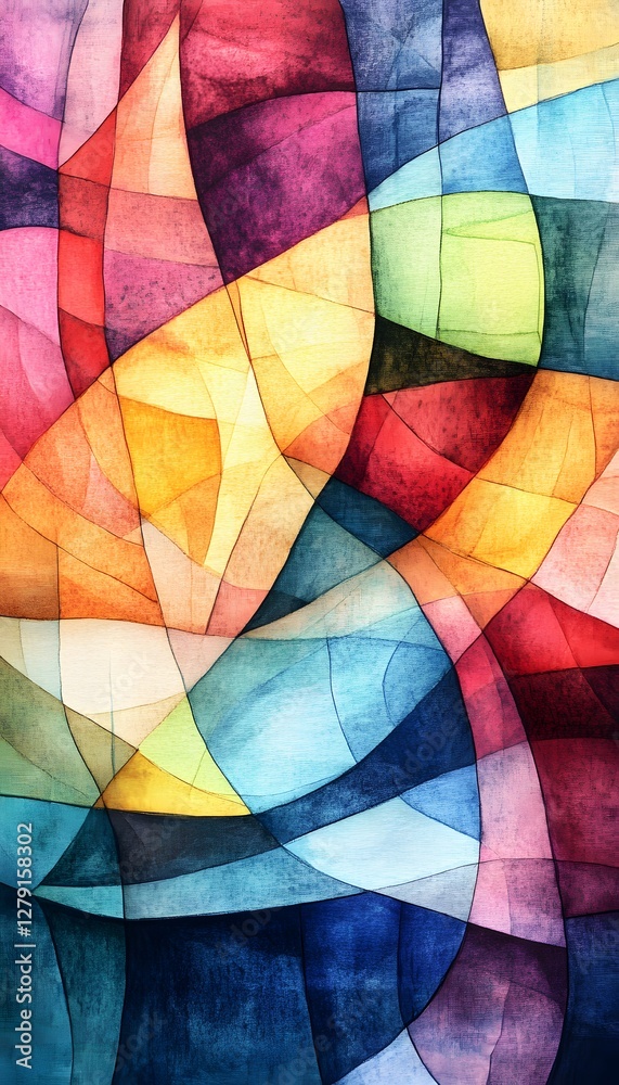 Fototapeta premium Abstract artwork featuring vibrant colors geometric shapes and curved lines