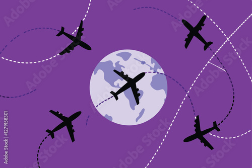 Create a flat design illustration of multiple airplanes flying in formation over a detailed globe, emphasizing international travel and connectivity.