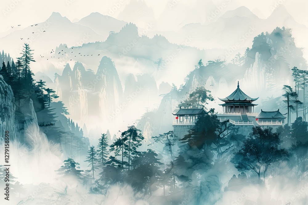 Fototapeta premium Serene mountain landscape featuring a traditional temple amidst misty hills.