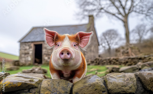 A big pig with brown and white fur leans over a stone wall in a rustic farm setting, with an old barn and trees in the background. photo