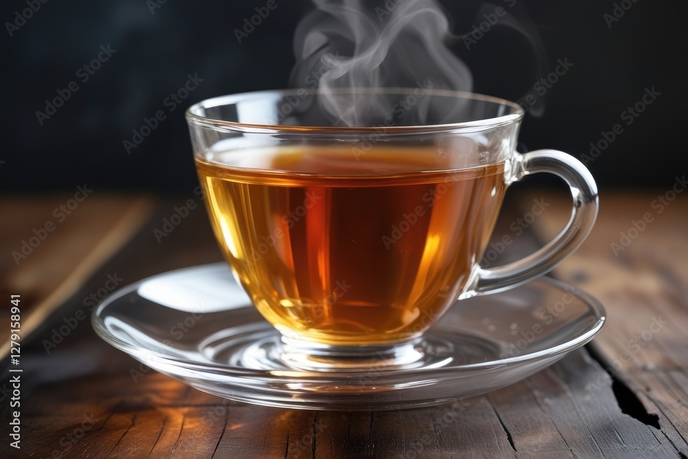 Hot Steaming Tea in Glass Cup on Wooden Table – Aromatic Herbal Drink