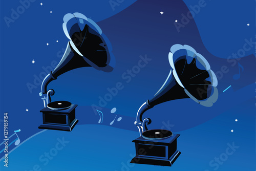 Surreal artwork depicting floating vintage gramophone horns, emitting musical notes, with a muted, vintage aesthetic; intricate details; Art Deco influences.