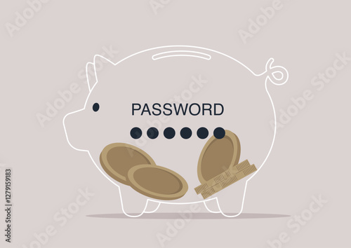 A whimsical piggy bank features a password entry interface, illustrating the fusion of traditional saving with contemporary technology, perfect for the digital age