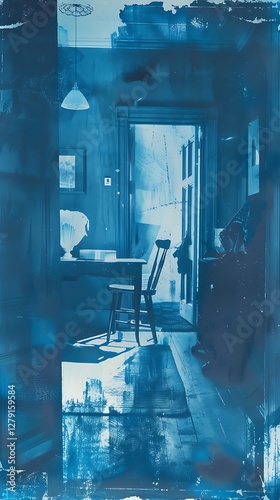 there is a blue photo of a dining room with a table and chairs
