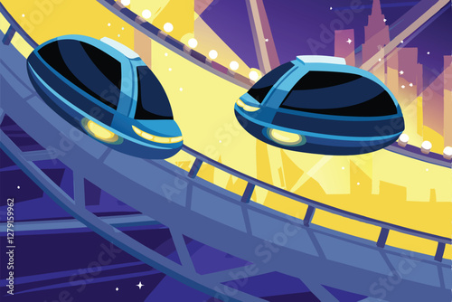 Futuristic, sleek transportation pods levitate silently above a magnetic levitation track, showcasing advanced city transport.
