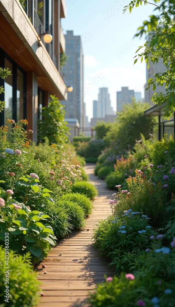 Obraz premium Rooftop garden with various plants enhances urban landscape under clear skies. Wooden path between flowerbeds. City garden promotes biodiversity, offers recreation area, wellness, relaxation. Sunny