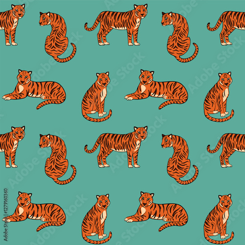 Tropic summer painting seamless pattern with tigers. Vector illustration. Summer decoration print for wrapping, wallpaper, fabric. 