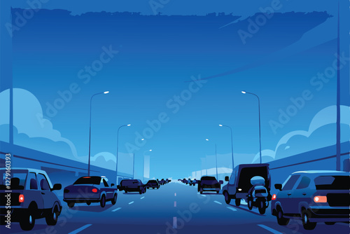 A busy highway scene with diverse vehicles including cars, motorcycles, and large trucks in motion.  Focus on the dynamic flow of traffic.