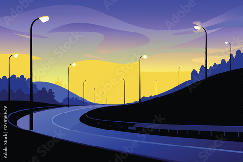 Night highway scene featuring winding roads, glowing streetlights, and dramatic lighting.  Capture the feeling of a long drive.