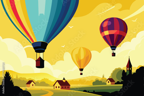 Vibrant hot air balloons gently drift above a picturesque, tranquil village nestled in a verdant valley at sunrise.