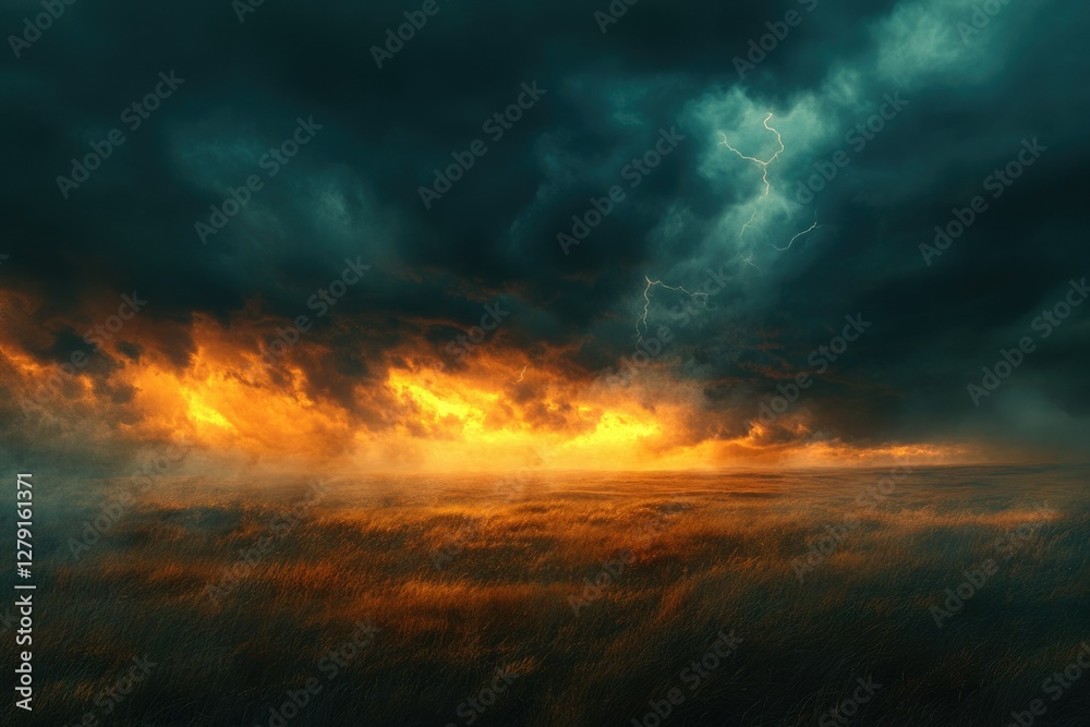 Dramatic sunset over a grassy field with a stormy, lightning-filled sky. Dramatic sunset over a grassy field with a stormy, lightning-filled sky.