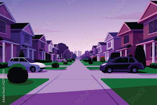 Create a vibrant illustration depicting a peaceful suburban neighborhood scene at sunset, showcasing diverse houses, parked cars, and lush green lawns.