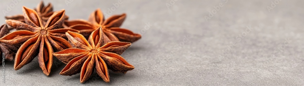 Star Anise Pods on Gray Background for Culinary, Aromatic, and Natural Flavor Enhancements in Dishes Star Anise Pods on Gray Background for Culinary, Aromatic, and Natural Flavor Enhancements in Dishes
