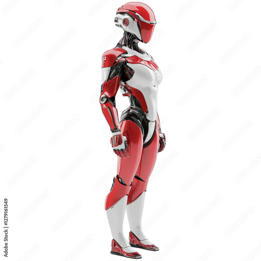Futuristic red and white robot with advanced metallic design and sleek humanoid features displayed Futuristic red and white robot with advanced metallic design and sleek humanoid features displayed