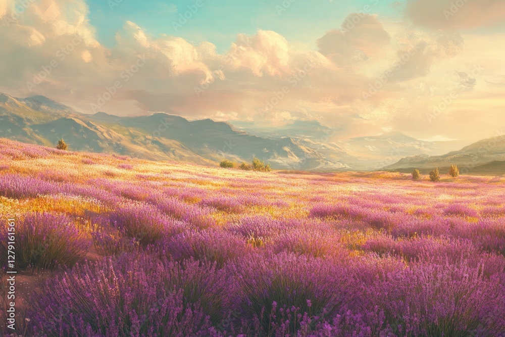 Obraz premium Lavender field, blue sky with clouds, sunset, evening.