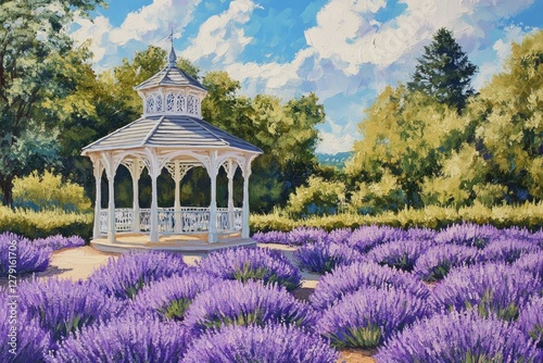 Gazebo in a lavender field, painting. photo