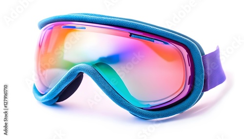 Blue framed ski goggles with iridescent multi colored lenses