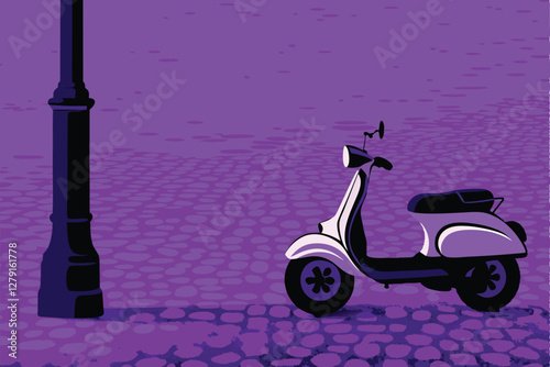Create a minimalist illustration of a modern scooter parked on a cobblestone street, emphasizing clean lines and geometric shapes.