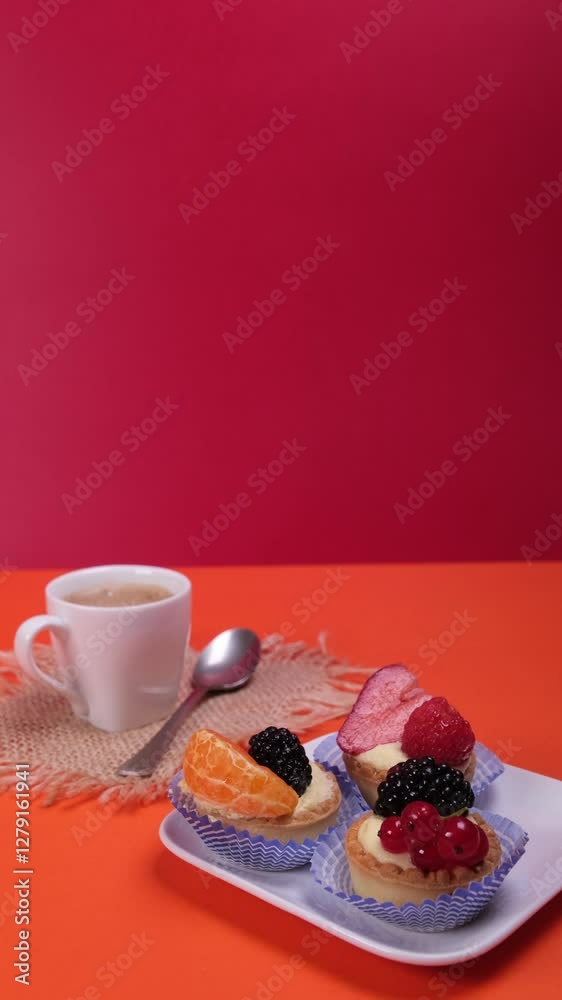 Primo piano di piattino con paste alla frutta, e tazzina di caffè su sfondo arancione e rosso, video verticale, spazio per testo