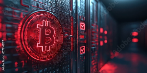 A digital representation of a Bitcoin emblem surrounded by a high-tech, red-lit server environment, symbolizing cryptocurrency and blockchain technology.