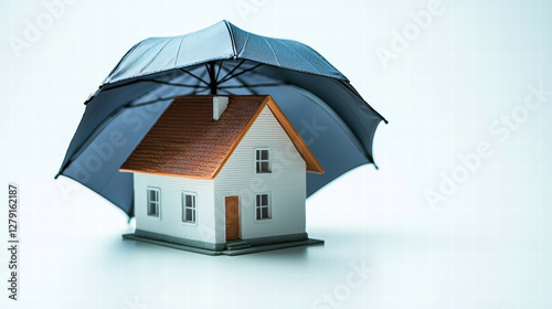 Property risk coverage with damage assessment and compensation, house model under umbrella symbolizes property insurance